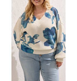 TRIBAL PUFF SLV PRINTED V-NECK SWTR - CREAM