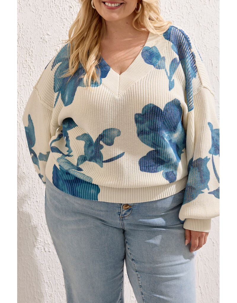 TRIBAL PUFF SLV PRINTED V-NECK SWTR - CREAM