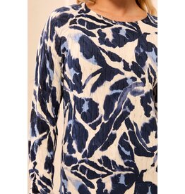 TRIBAL PRINTED CABLE COTTON CREW NECK SWEATER - BLUE FOG