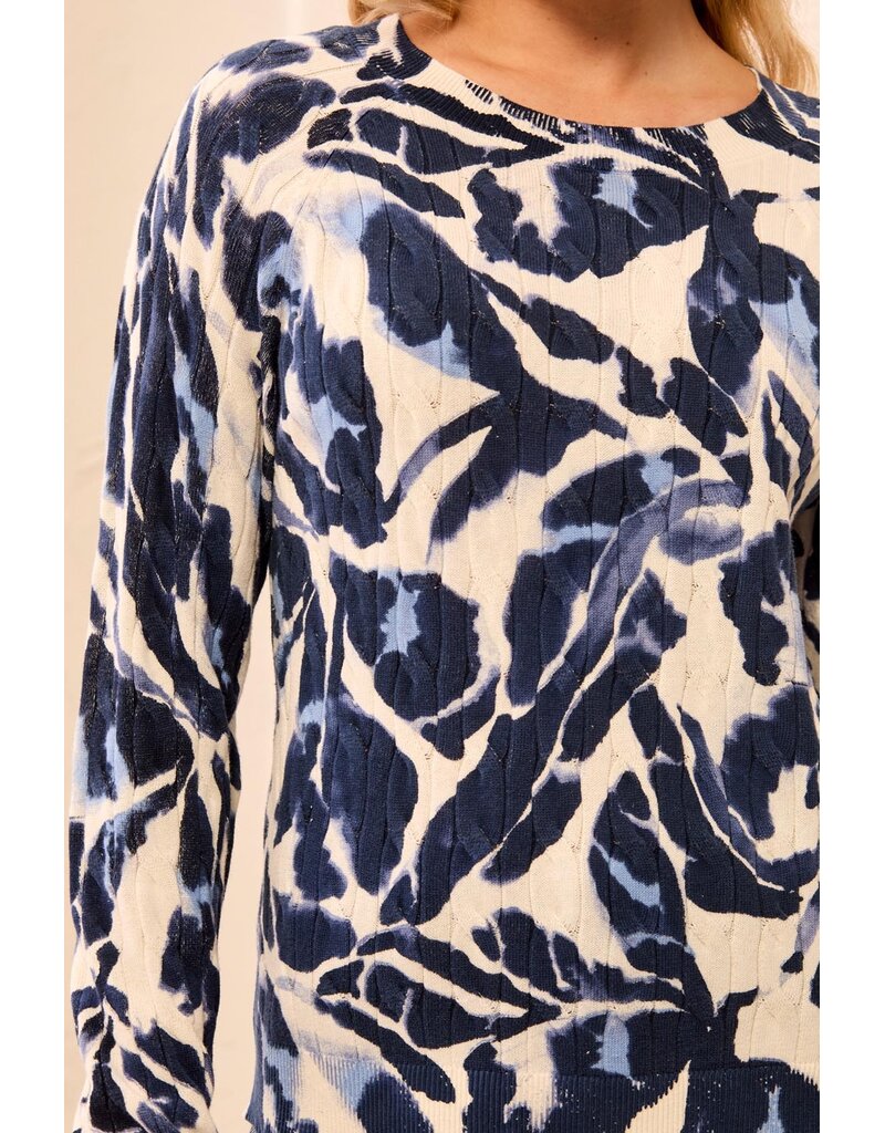 TRIBAL PRINTED CABLE COTTON CREW NECK SWEATER - BLUE FOG