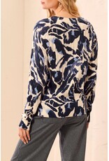 TRIBAL PRINTED CABLE COTTON CREW NECK SWEATER - BLUE FOG