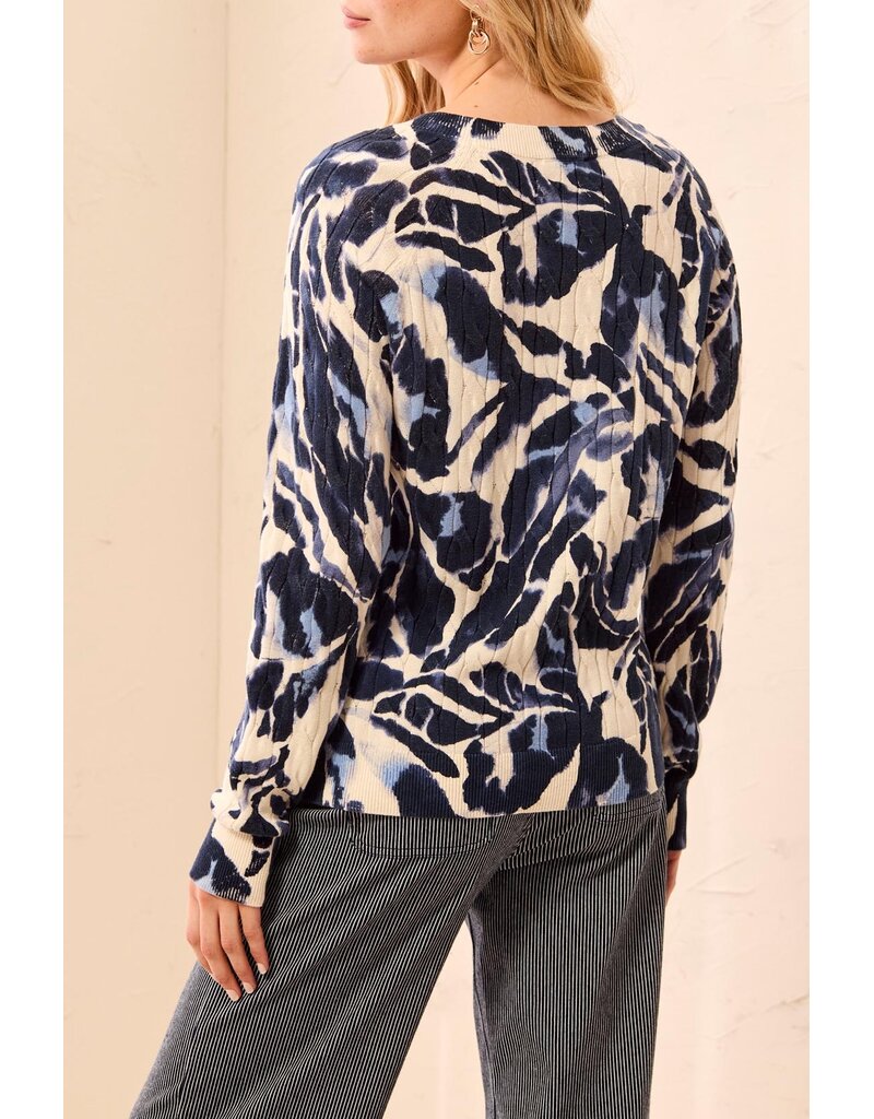 TRIBAL PRINTED CABLE COTTON CREW NECK SWEATER - BLUE FOG