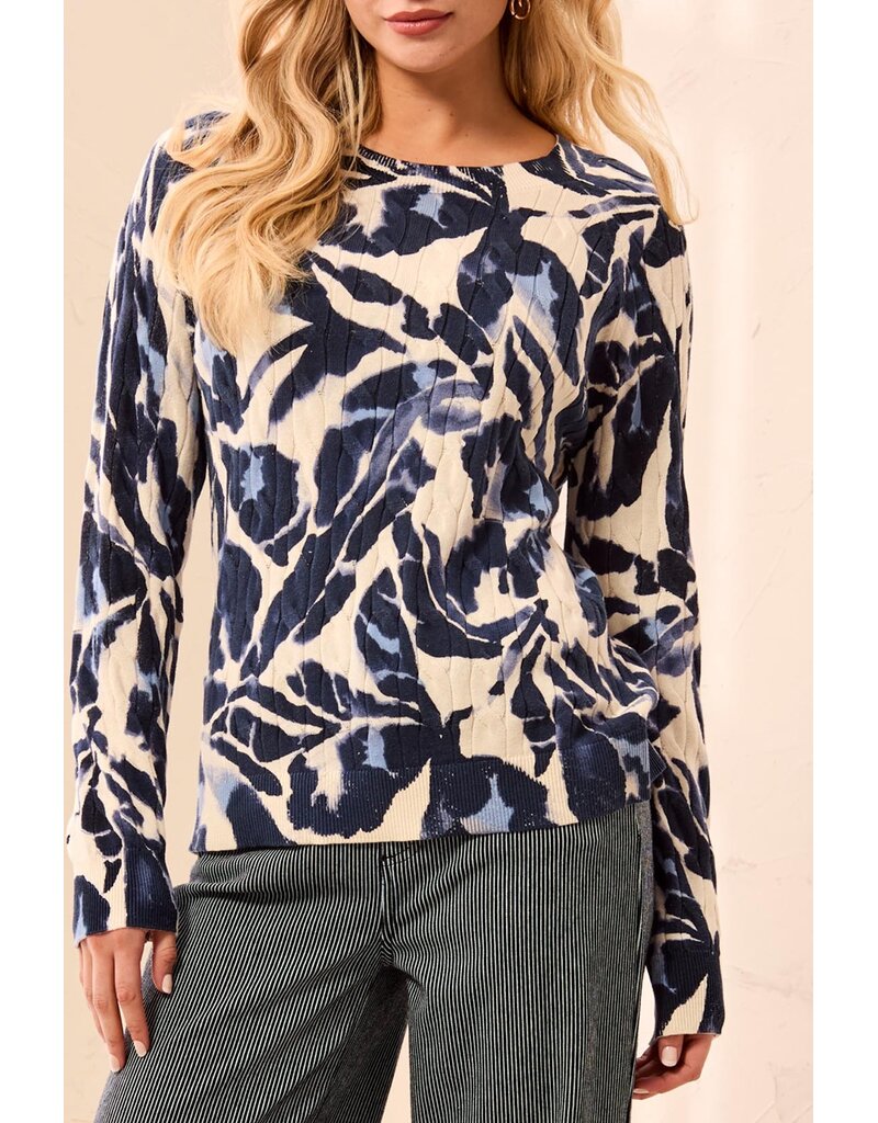 TRIBAL PRINTED CABLE COTTON CREW NECK SWEATER - BLUE FOG