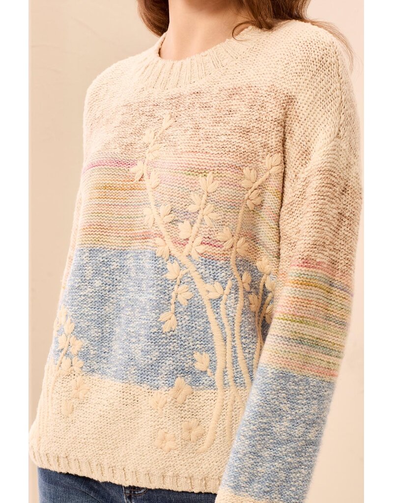 TRIBAL L/S CREW NK SWEATER W/EMBROIDERY - AZURE