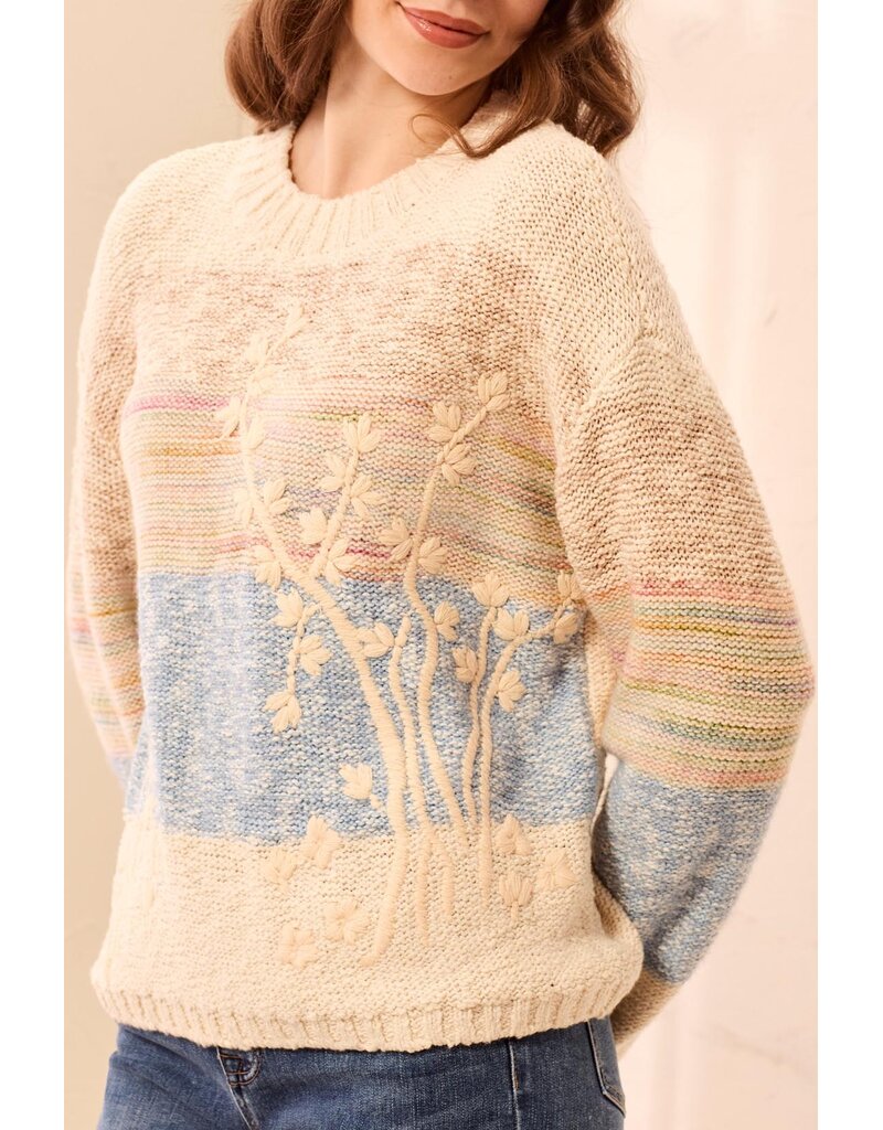 TRIBAL L/S CREW NK SWEATER W/EMBROIDERY - AZURE