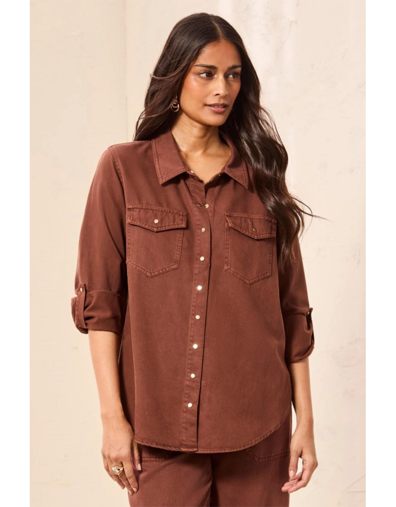 TRIBAL CLASSIC DENIM SHIRT W/ROLL UP SLEEVES - RUSTIC BROWN