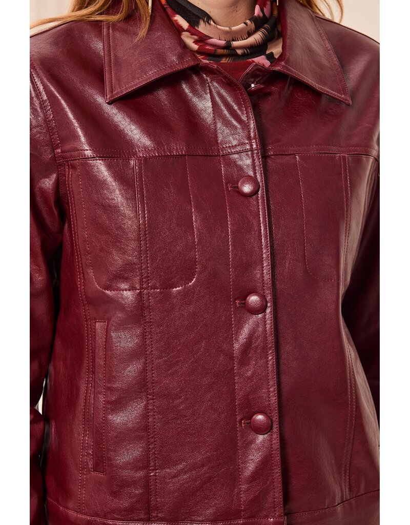 TRIBAL LINED FAUX LEATHER JACKET W/ COVERED BUTTONS - CHERRY LACQUER
