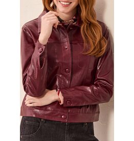TRIBAL LINED FAUX LEATHER JACKET W/ COVERED BUTTONS - CHERRY LACQUER