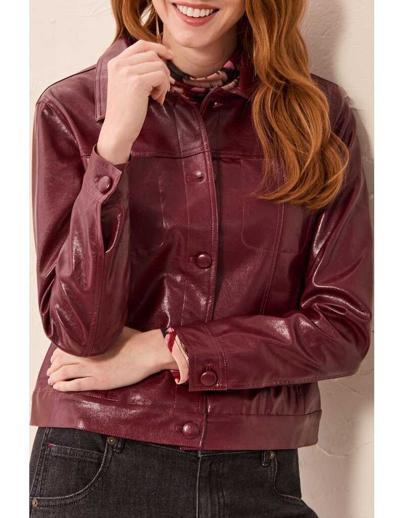 TRIBAL LINED FAUX LEATHER JACKET W/ COVERED BUTTONS - CHERRY LACQUER