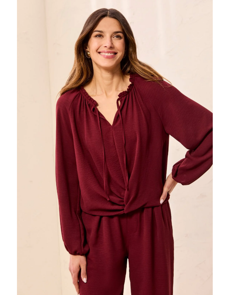 TRIBAL RAGLAN SLV BLOUSE W/ FRONT KNOT - CHERRY LACQUER