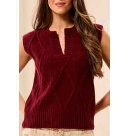 TRIBAL SPLIT CREW NECK COTTON BLEND SWEATER VEST - CHERRY LACQUER