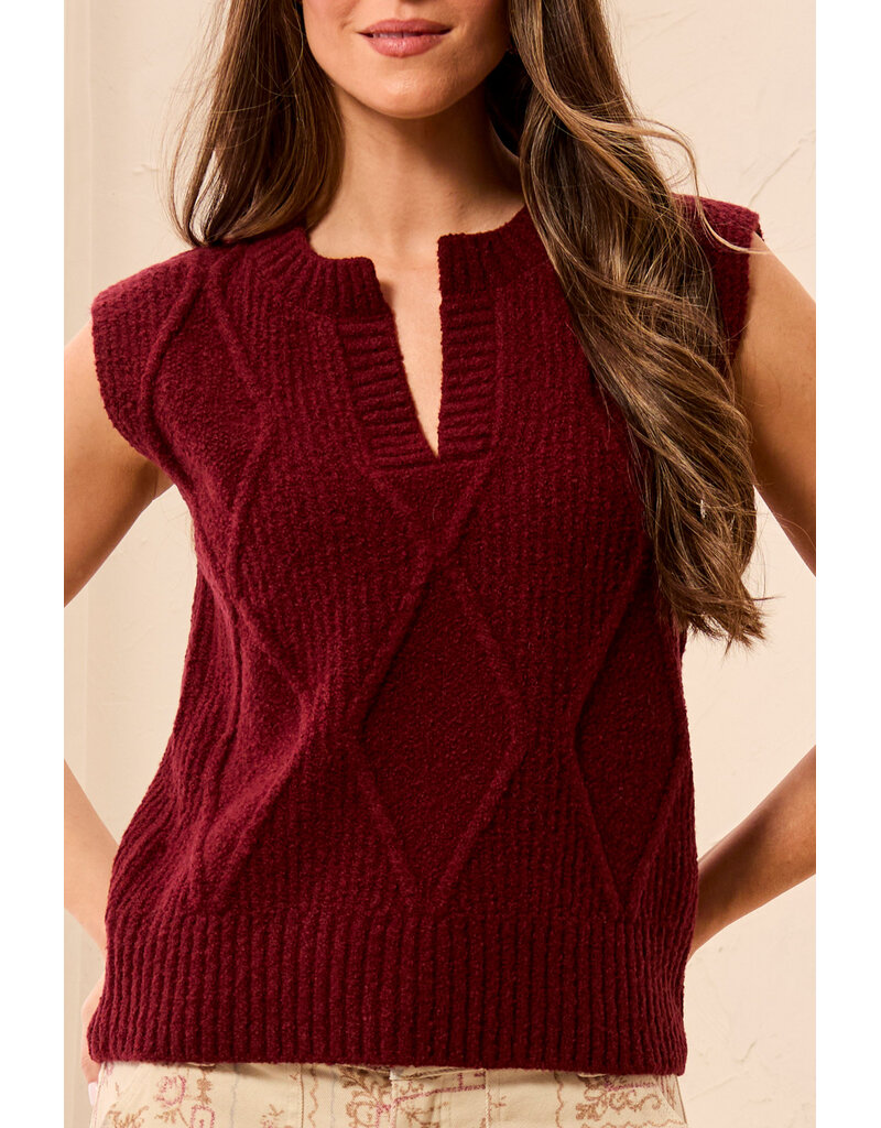 TRIBAL SPLIT CREW NECK COTTON BLEND SWEATER VEST - CHERRY LACQUER