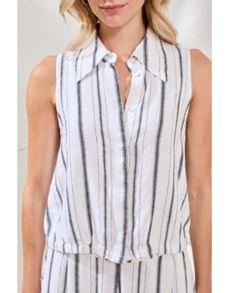 TRIBAL HIDDEN PLACKET SHIRT W/ ELASTIC WAIST-WHITE/BLACK