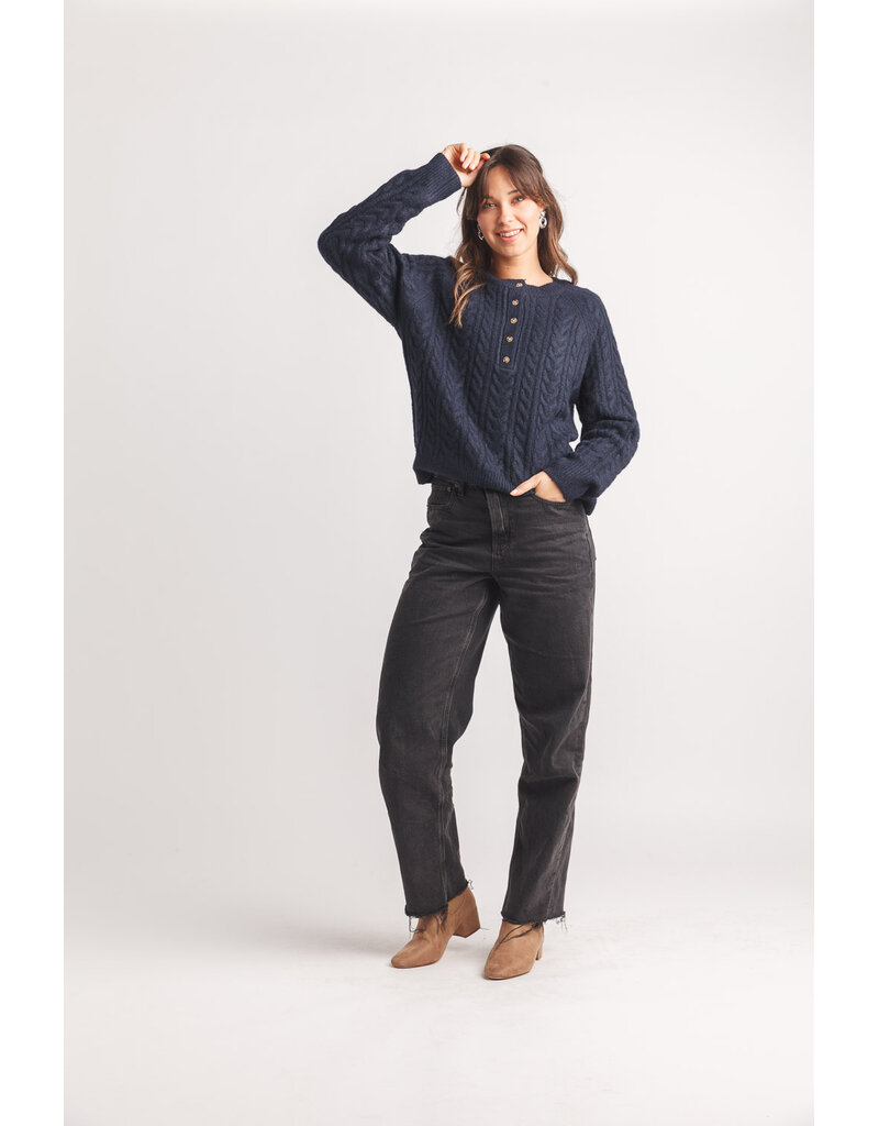 HENLEY CABLE KNIT SWEATER - NAVY