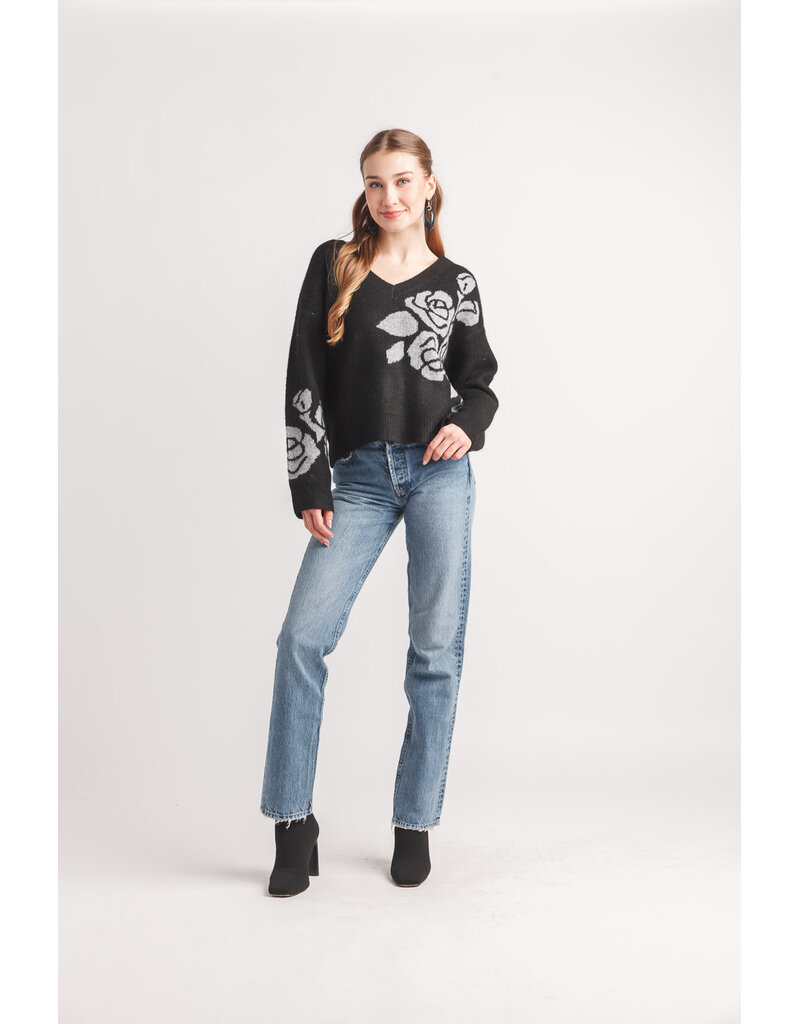 FLORAL INTARSIA V NECK SWEATER