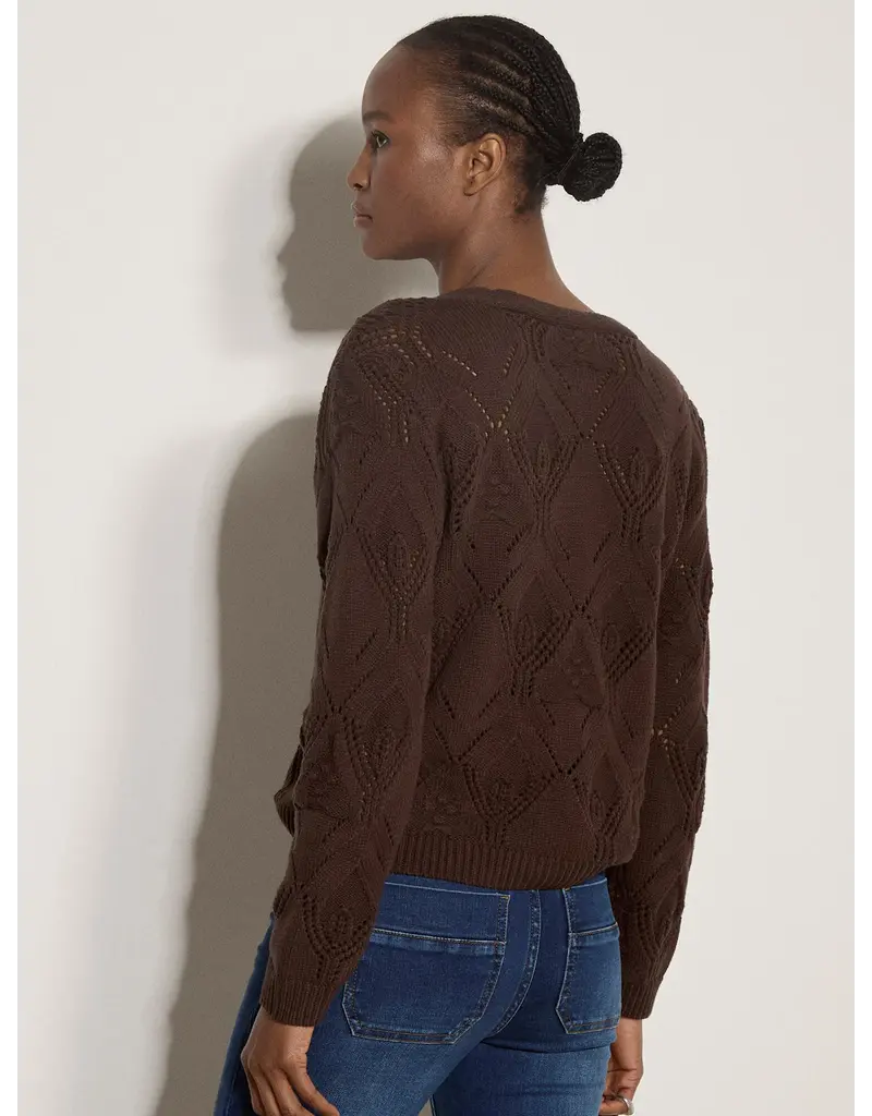 EMBROIDERY POINTELLE KNIT BROWN CARDIGAN