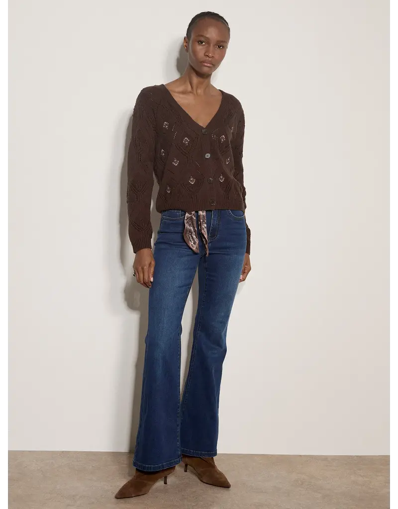EMBROIDERY POINTELLE KNIT BROWN CARDIGAN
