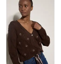 EMBROIDERY POINTELLE KNIT BROWN CARDIGAN
