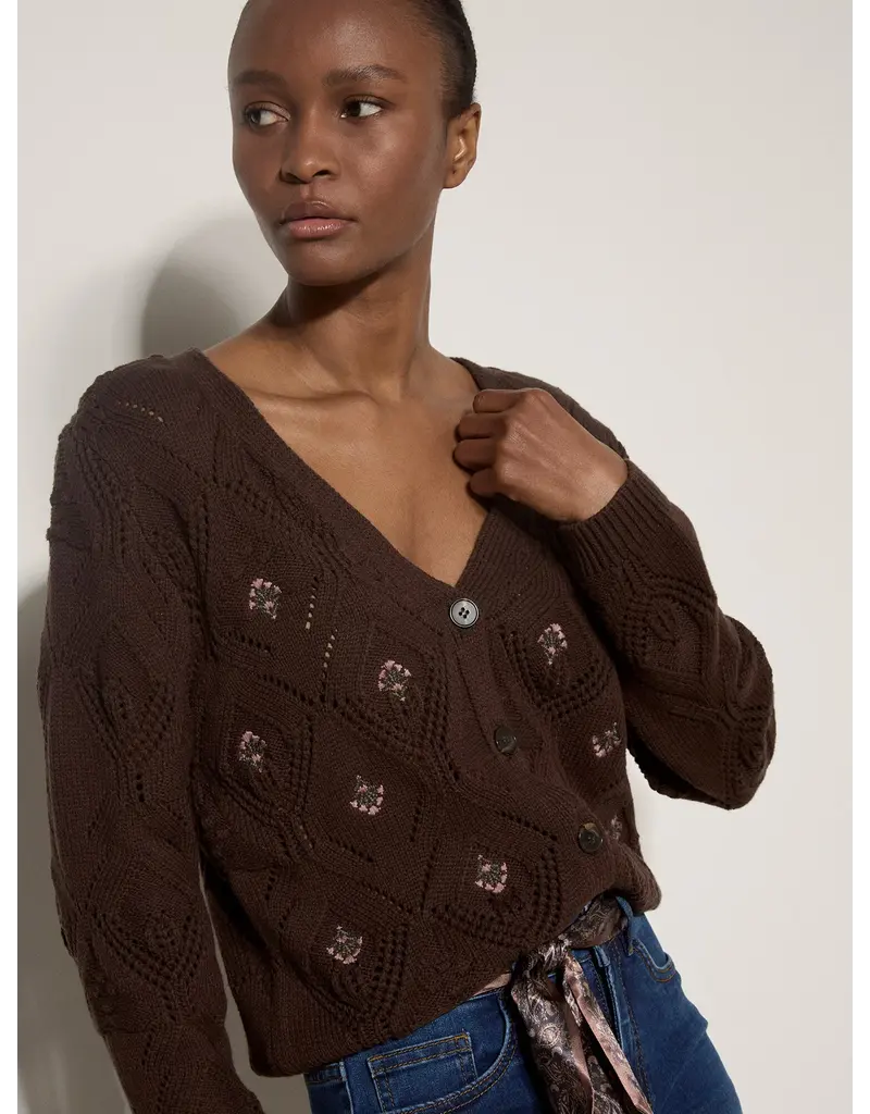 EMBROIDERY POINTELLE KNIT BROWN CARDIGAN