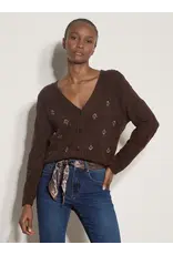 EMBROIDERY POINTELLE KNIT BROWN CARDIGAN
