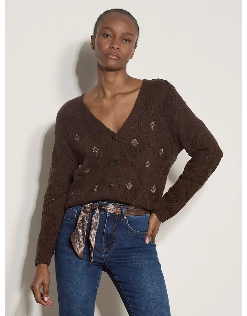 EMBROIDERY POINTELLE KNIT BROWN CARDIGAN