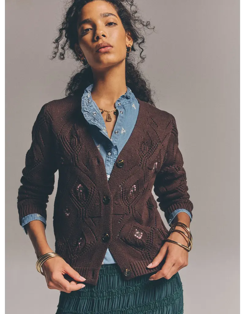 EMBROIDERY POINTELLE KNIT BROWN CARDIGAN