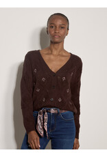 EMBROIDERY POINTELLE KNIT BROWN CARDIGAN