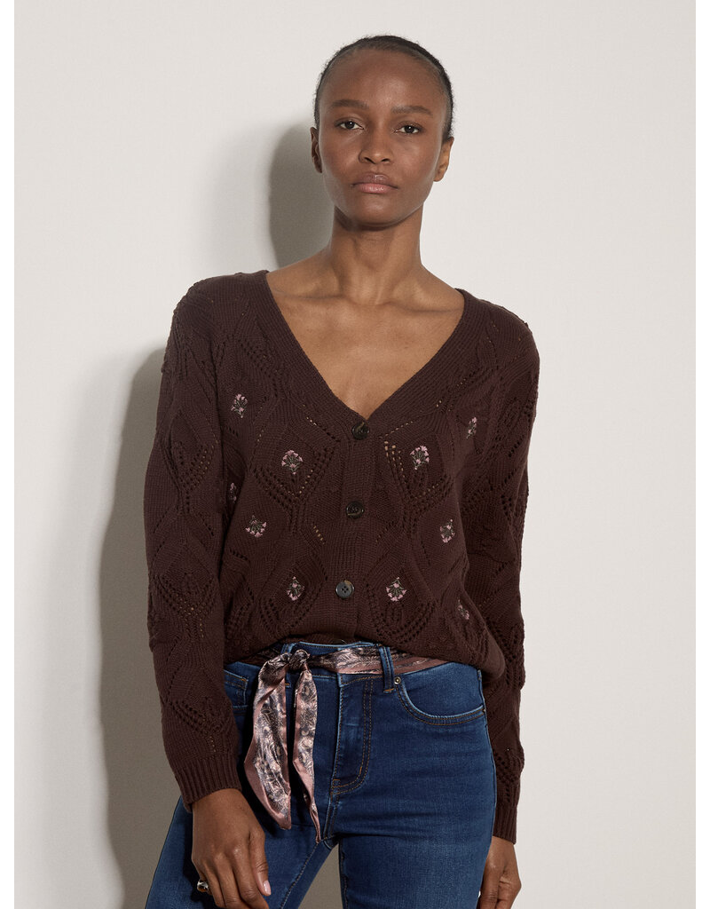 EMBROIDERY POINTELLE KNIT BROWN CARDIGAN