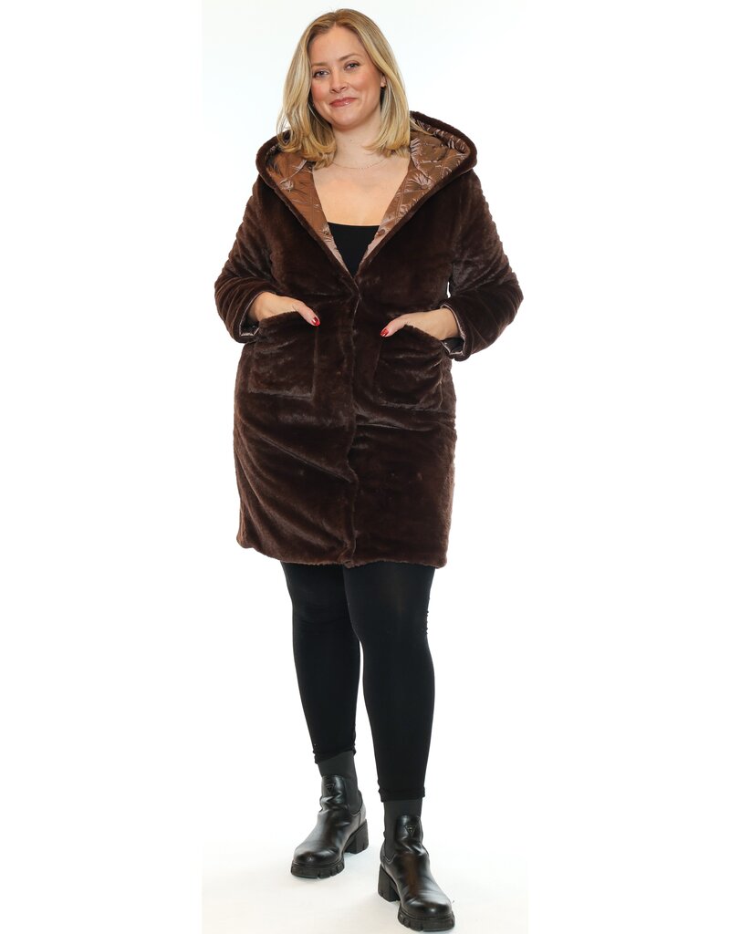 REVERSIBLE FUR LINED PUFFER JACKET - BROWN