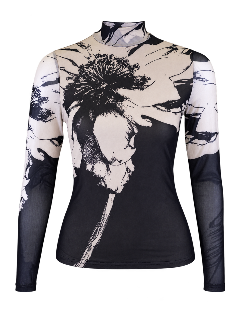 FLORAL PRINT MESH TOP - BLACK