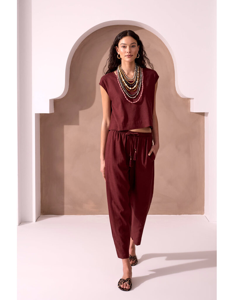 TRIBAL RELAXED TAPERED LINEN BLEND CROPPED PANT - TERRA