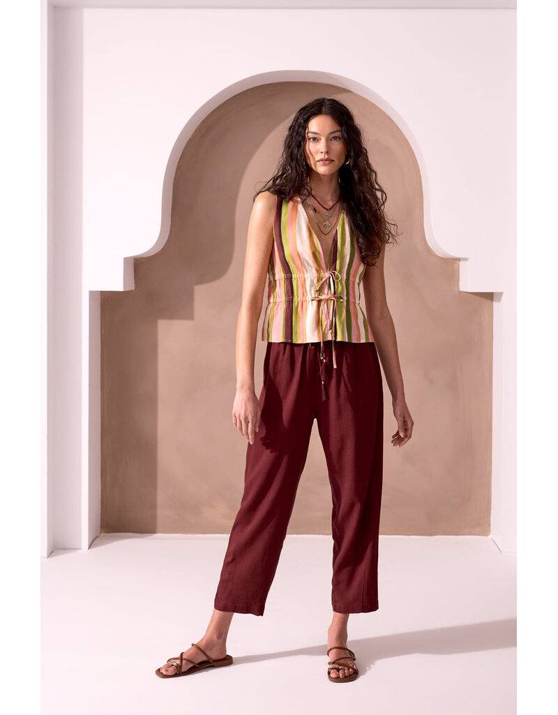 TRIBAL SLVLESS DOUBLE TIE FRONT TOP - LINEN BLND - CABANA