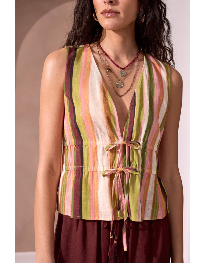 TRIBAL SLVLESS DOUBLE TIE FRONT TOP - LINEN BLND - CABANA