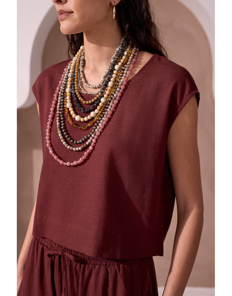 TRIBAL DROP SHOULDER SHELL TOP - LINEN BLEND - TERRA