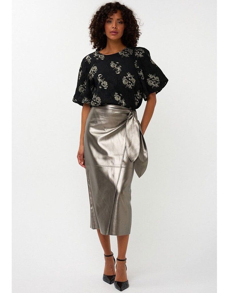 METALLIC FAUX WRAP PENCIL SKIRT
