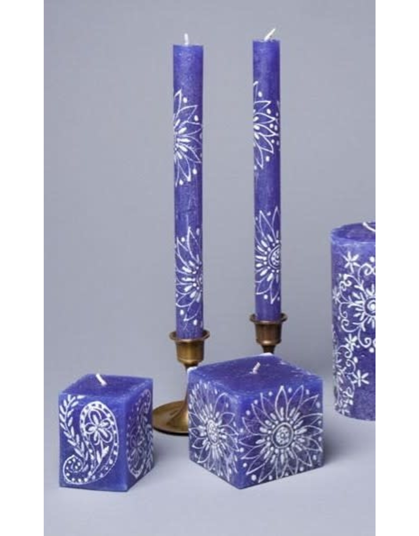 Trade roots Henna White on Blue,  Pair Taper Candles 9", South Africa