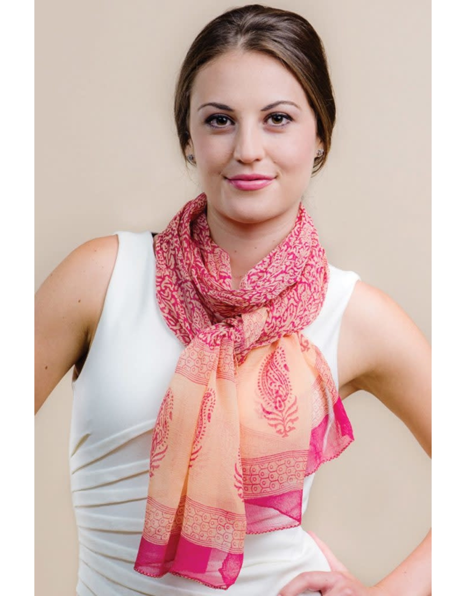 Trade roots Sheela Block-Printed Scarf Peach & Mango, India