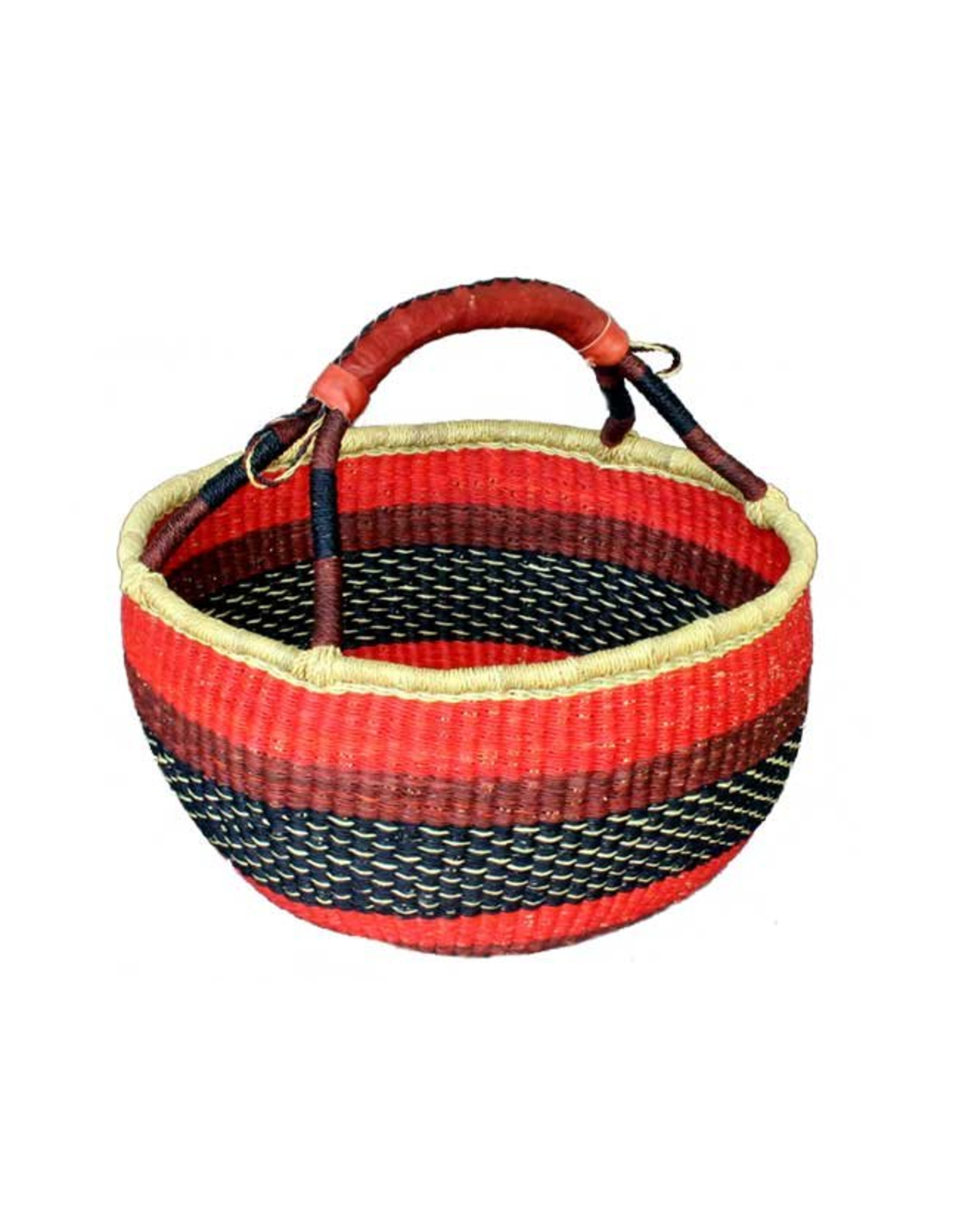 Trade roots Woven Grass Mini Round Basket w/ Leather Handle, Ghana