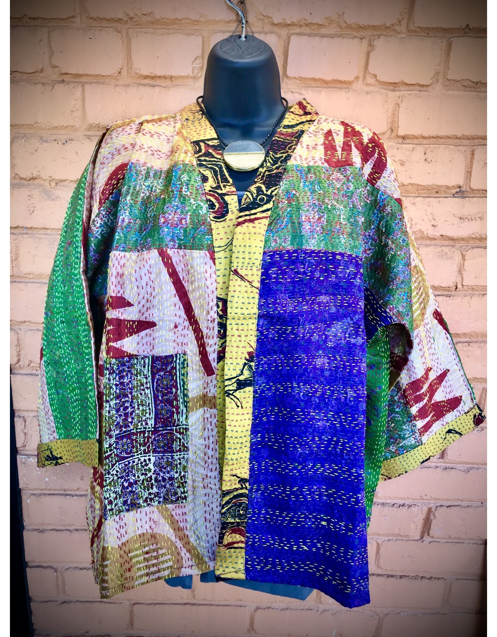 Trade roots Kimono Jacket, Sari Kantha Stitched Silk, India