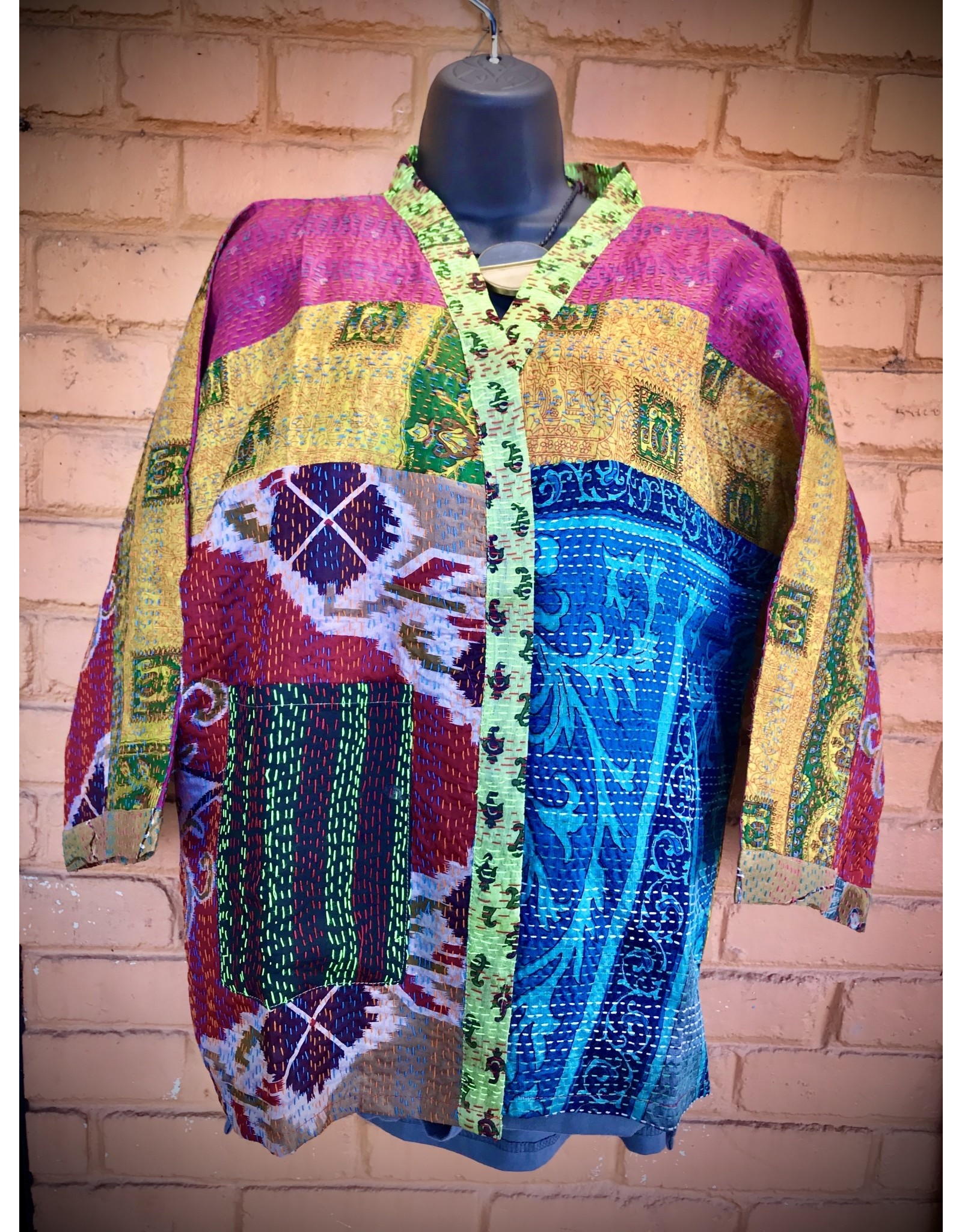 Trade roots Kimono Jacket, Sari Kantha Stitched Silk, India