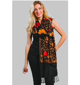Janavi Embroidered Wool Shawl, Black & Autumn Shades, India