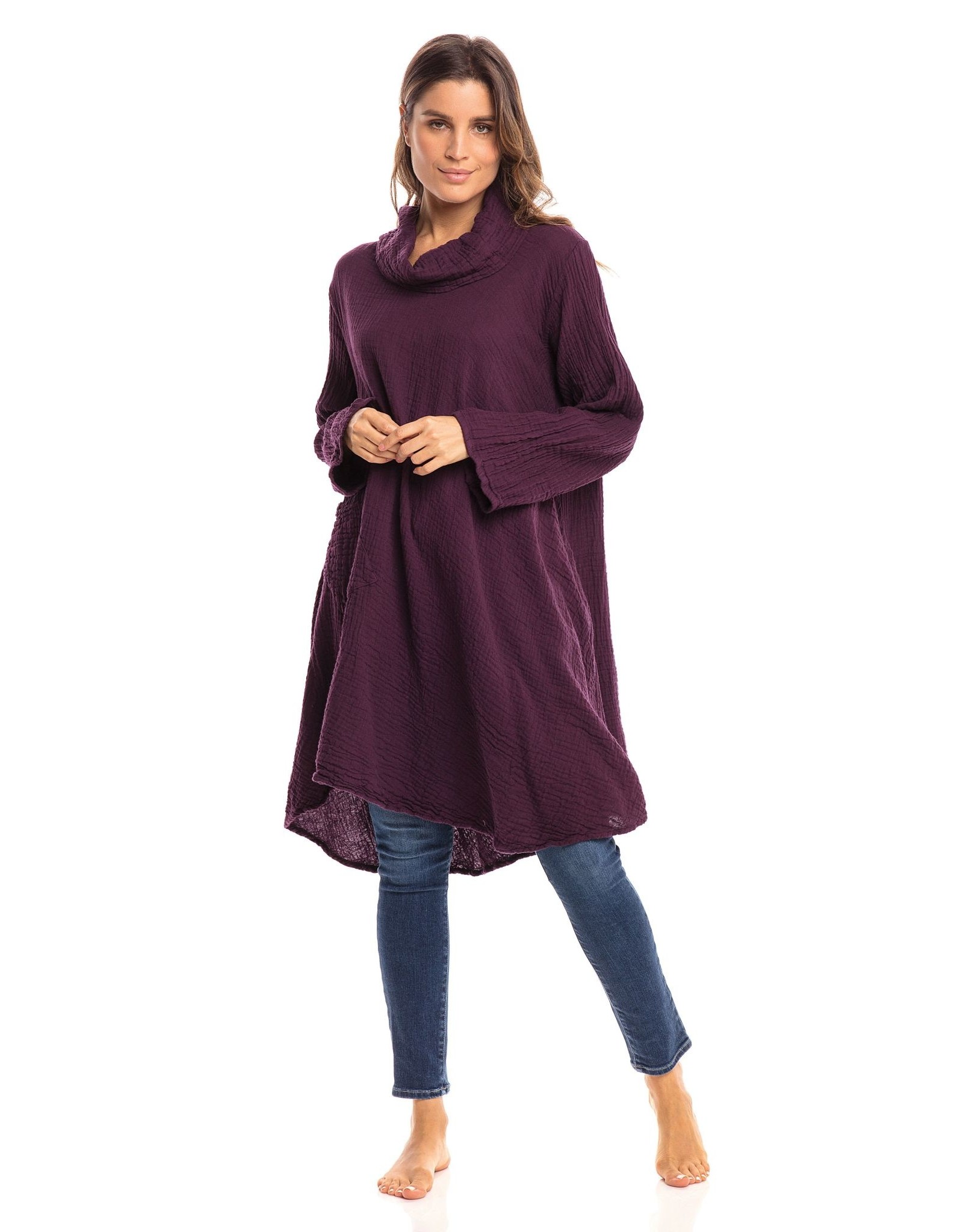 Crinkled Cotton Cowl Tunic, Mulberry