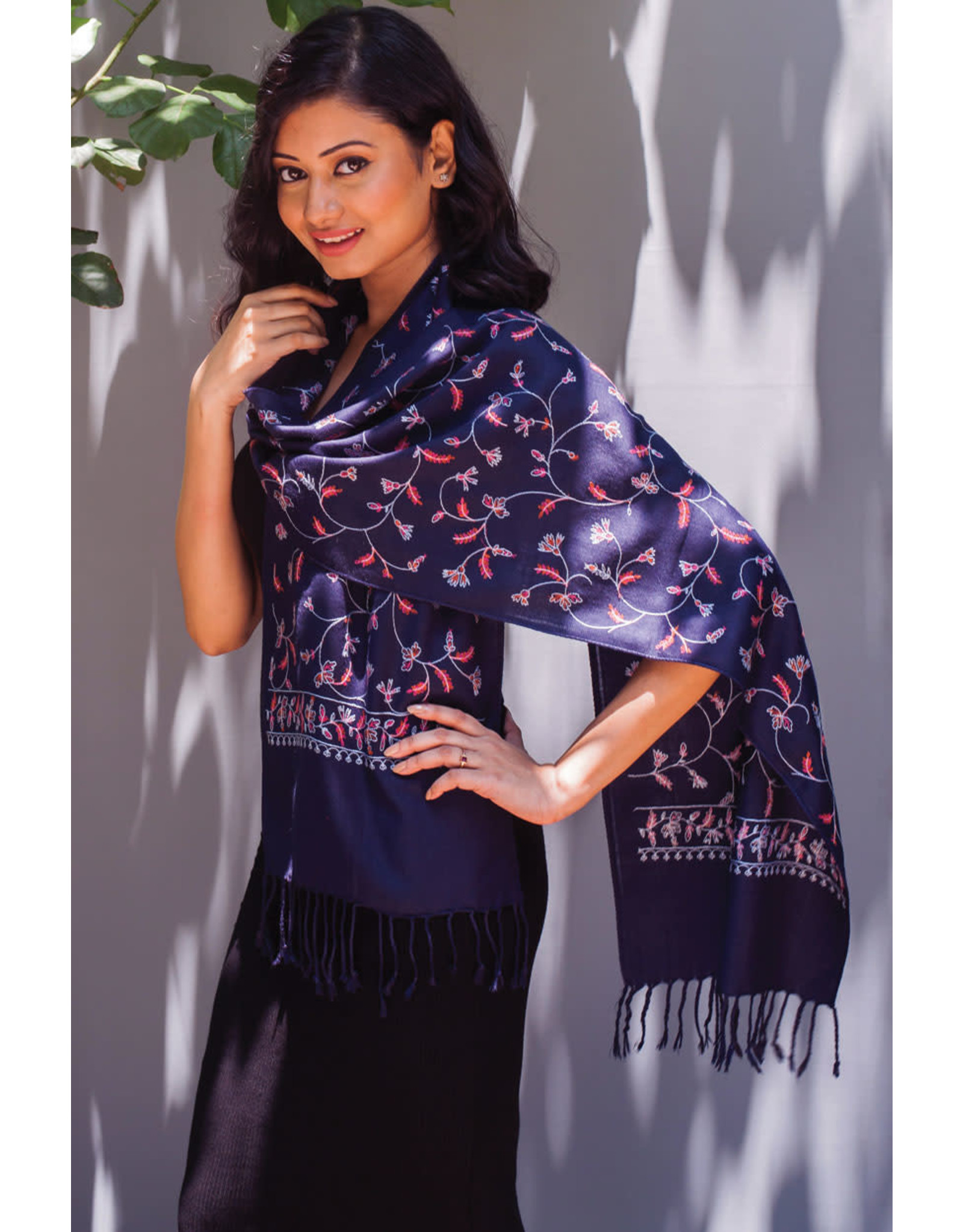 Trade roots Deepali Embroidered Wool Blend Scarf, Navy Multi