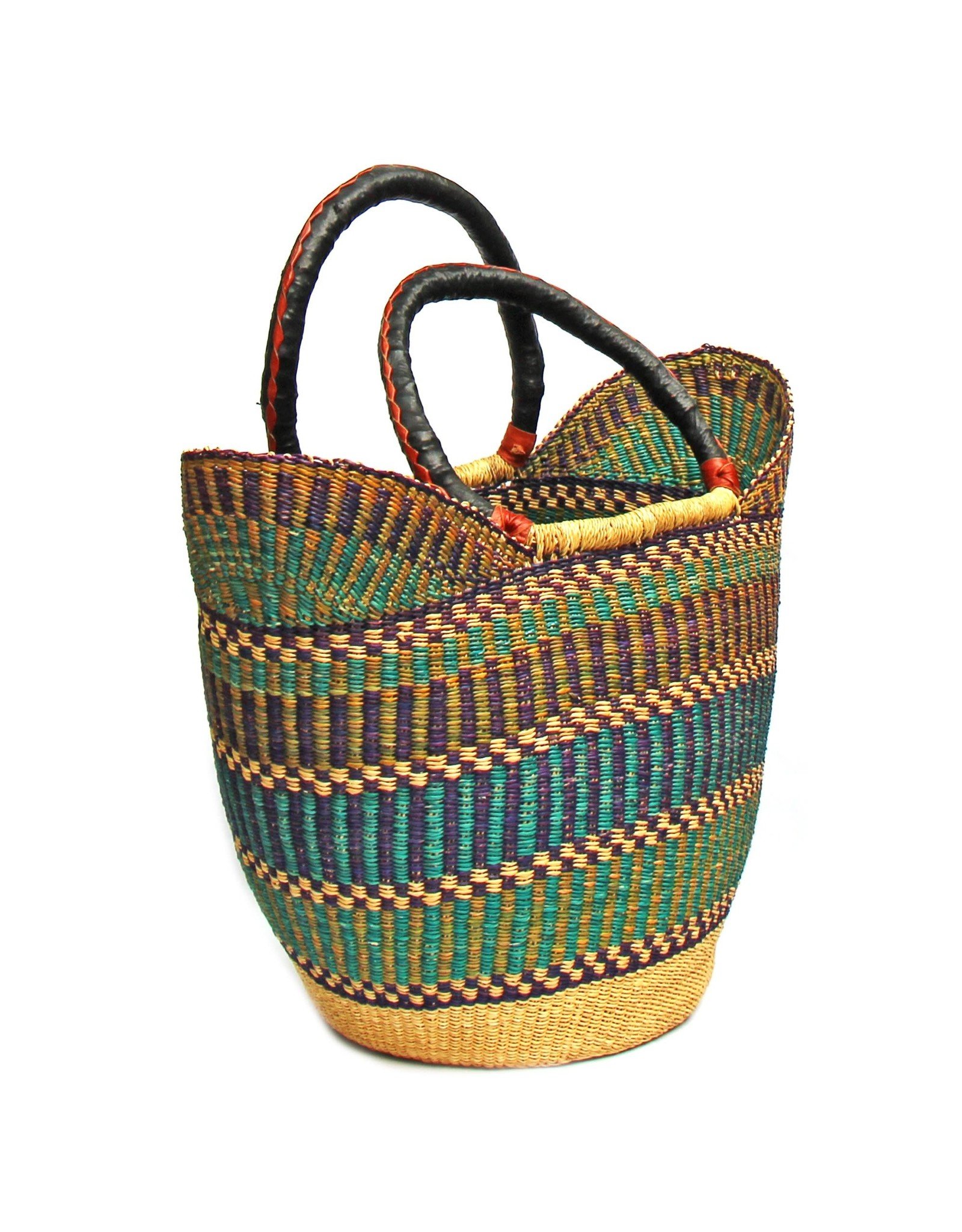 Bolga Tote, Mixed Colors, Leather Handle