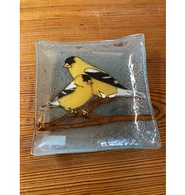 Trade roots Hand Blown Small Square Glass Dish, Goldfinch, Ecuador
