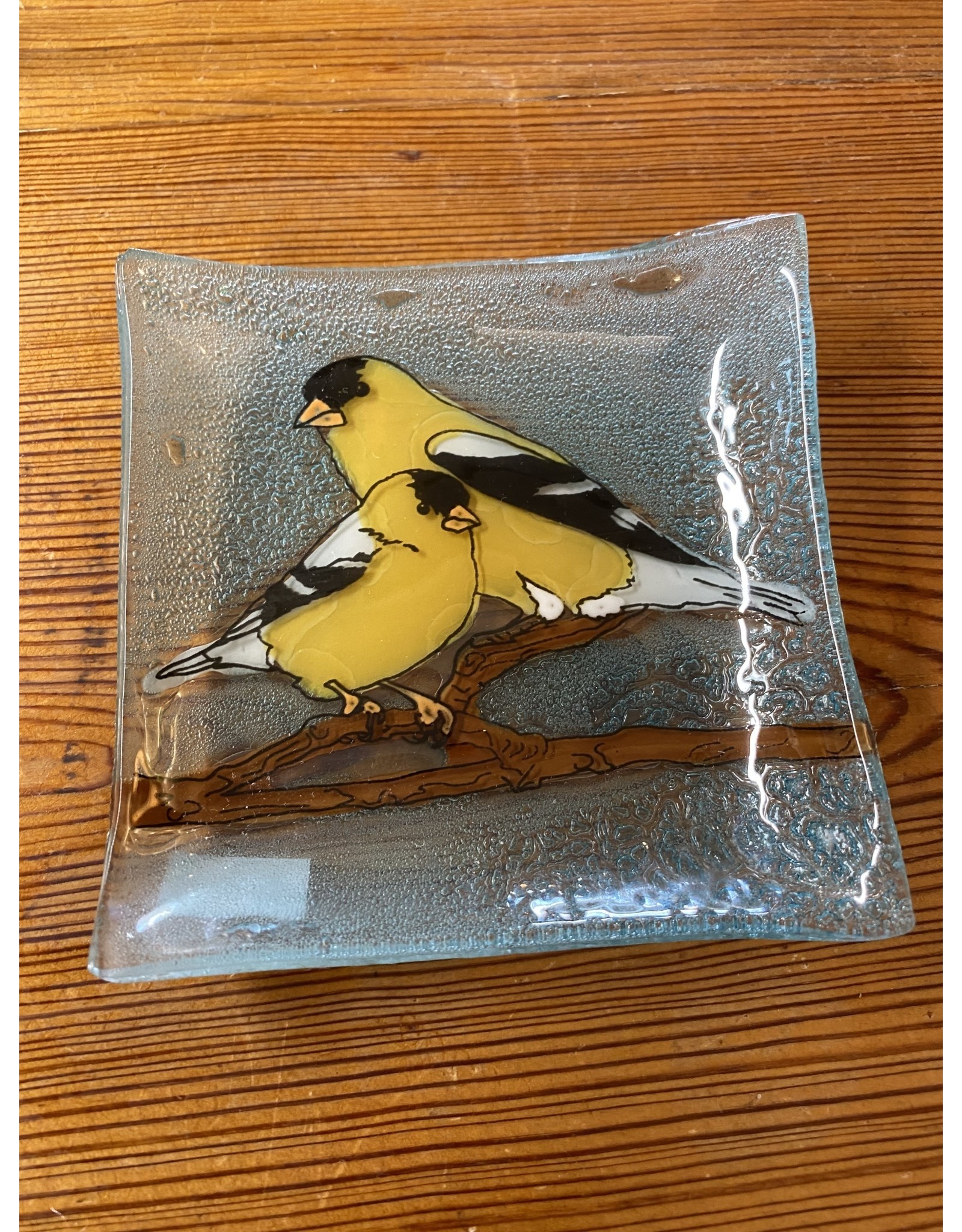 Trade roots Hand Blown Small Square Glass Dish, Goldfinch, Ecuador