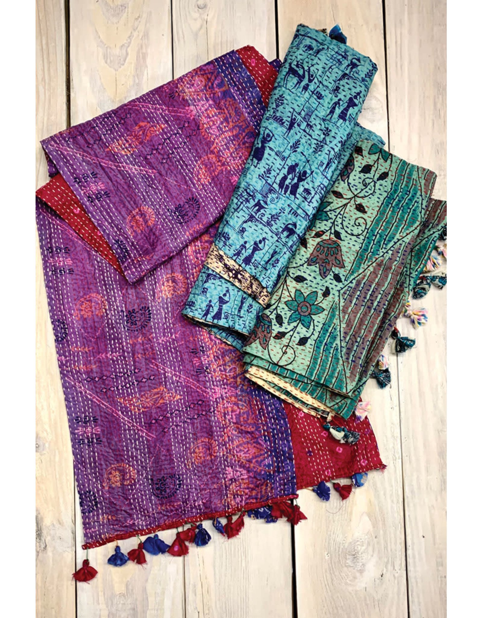 Recycled Silk Sari Scarves w/ Kantha Embroidery