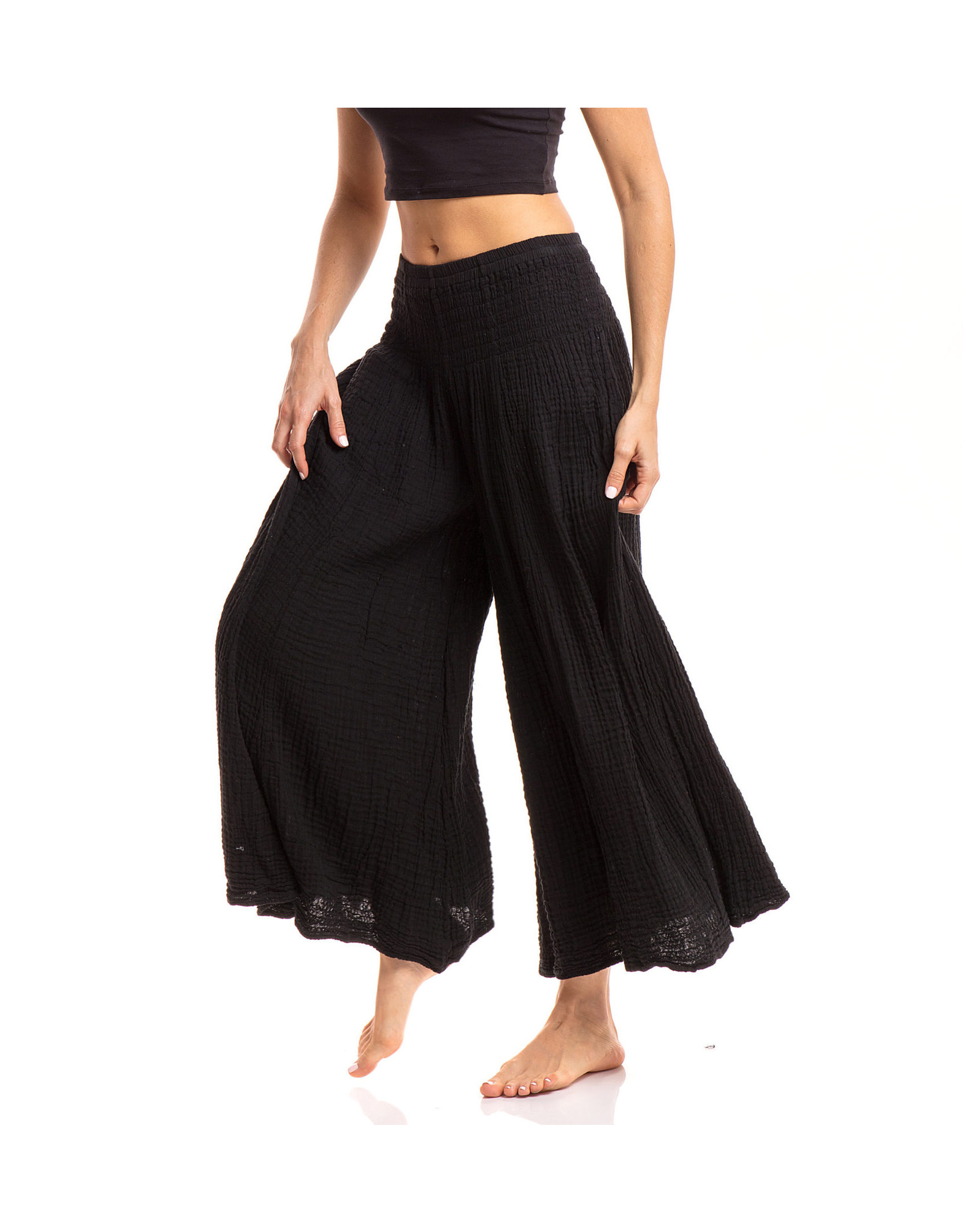 Trade roots Thai Cotton Crinkled Cotton Pants, Black, Thailand