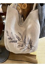 Natural Linen Shoulder Bag, Hand Embroidered Knots, Gray Floral