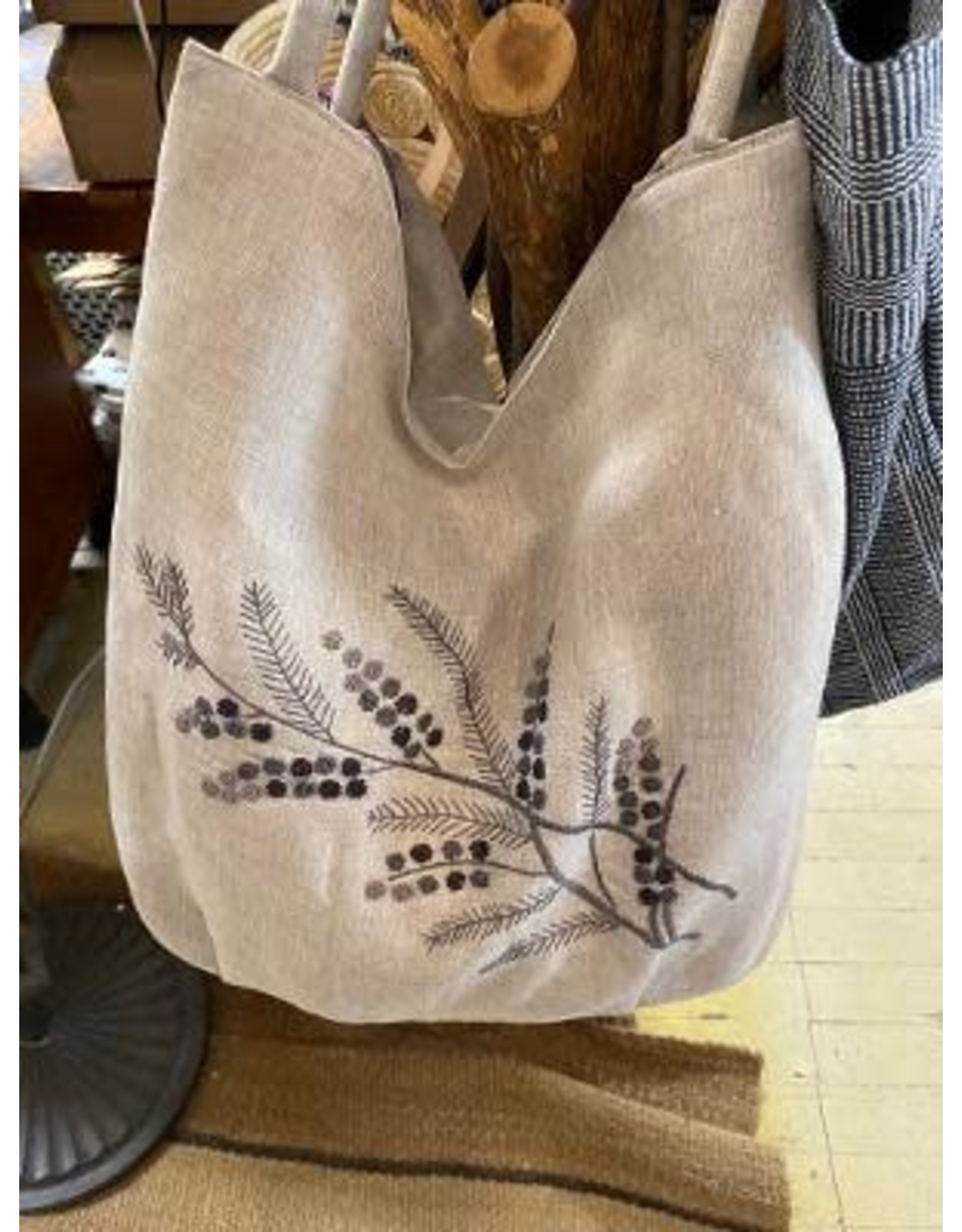 Trade roots Natural Linen Shoulder Bag, Hand Embroidered Knots, Gray Floral